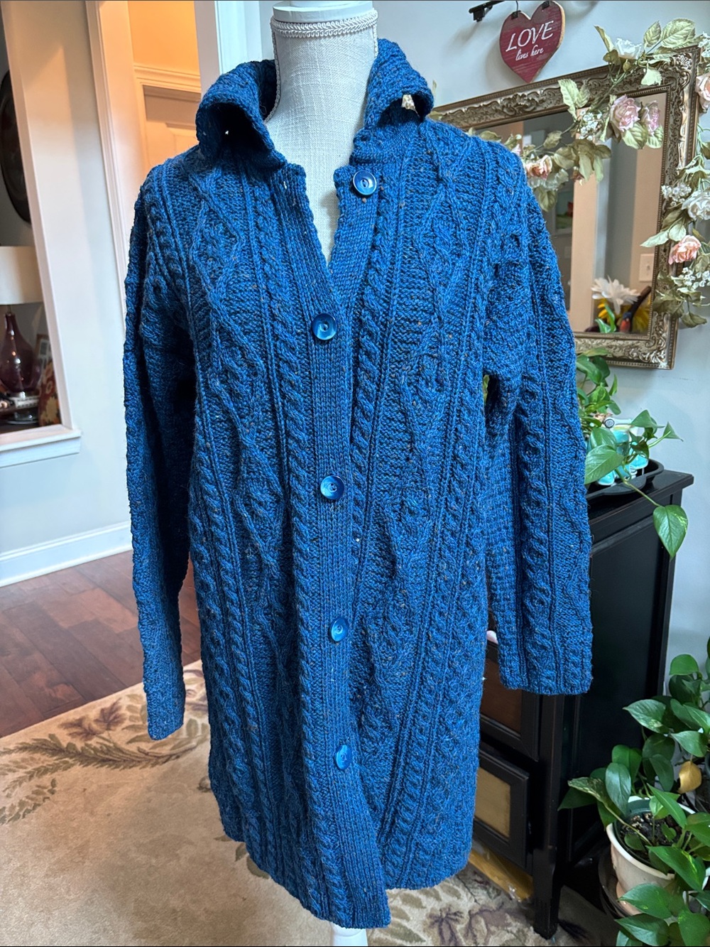 Kilronan knitwear Blue Cable-Knit Button-Front Women's Sweater Coat